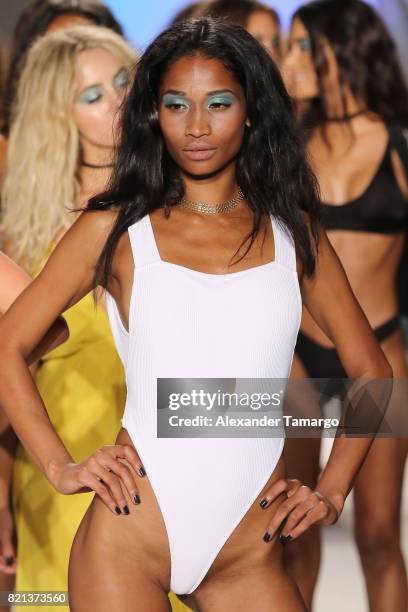 Model walks the runway at SWIMMIAMI INDAH 2018 Collection at SWIMMIAMI tent on July 23, 2017 in Miami Beach, Florida.