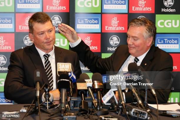 Collingwood Magpies AFL CEO Gary Pert and President Eddie McGuire speak to the media during a press conference at the Holden Centre on July 24, 2017...