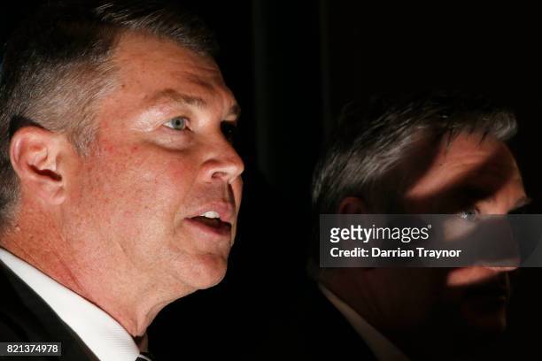 Collingwood Magpies AFL CEO Gary Pert and President Eddie McGuire speak to the media during a press conference at the Holden Centre on July 24, 2017...