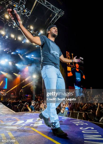 Luke Bryan performs during day 3 of Faster Horses Festival at Michigan International Speedway on July 23, 2017 in Brooklyn, Michigan.