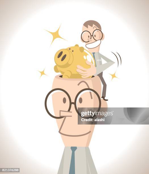 ilustrações, clipart, desenhos animados e ícones de pequeno empresário colocar um cofrinho de ouro para a grande cabeça do homem aberto, conceito sobre investir em si mesmo - aluno mais velho