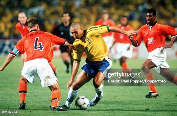 World Cup Finals, Marseille, France, Semi-Final, 7th July Brazil 1 v Holland 1, , Brazil's Ronaldo takes on Holland's Frank De Boer and Aron Winter
