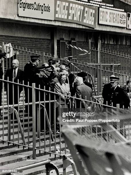 Politics, Personalities, pic: 1989, British Prime Minister Margaret Thatcher visits Hillsborough Stadium, Sheffield, where 95 people died , during...