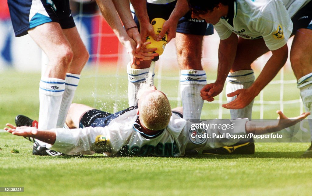 Football, 15th June, 1996, European Championships, Wembley Stadium, London, England 2 v Scotland 0, England's Paul Gascoigne is congratulated by teammates after scoring his fine second goal