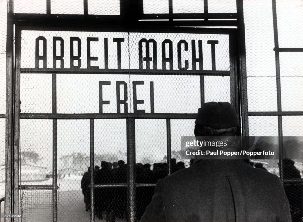 World War II, The gates of Sachsenhausen concentration camp, in the district of Potsdam near Berlin, translated the words means "Work makes free" which was a bitter mockery, February 1941
