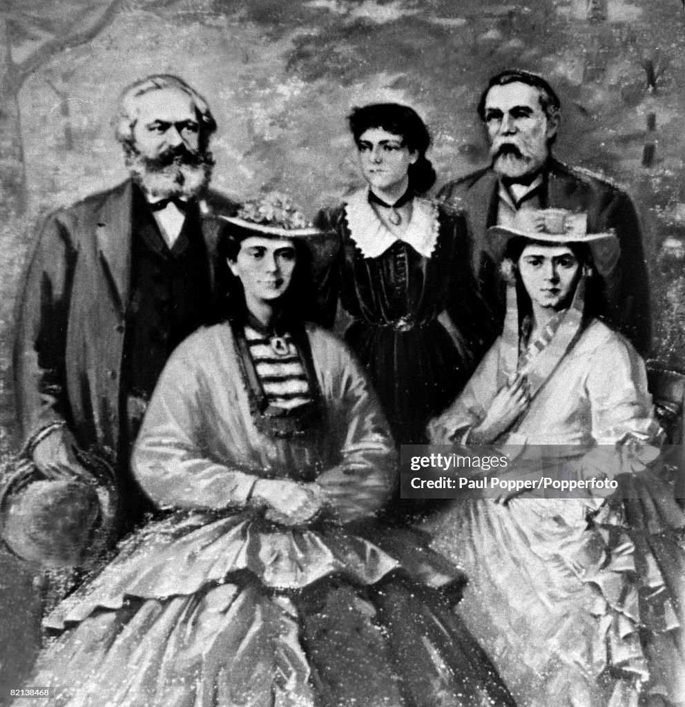 Philosophers, Marxism, pic: circa 1870's, German philosopher, economist and social theorist Karl Marx, (1818-1883) left, with his daughters and Friedrich Engels, German social phiosopher and revolutionary