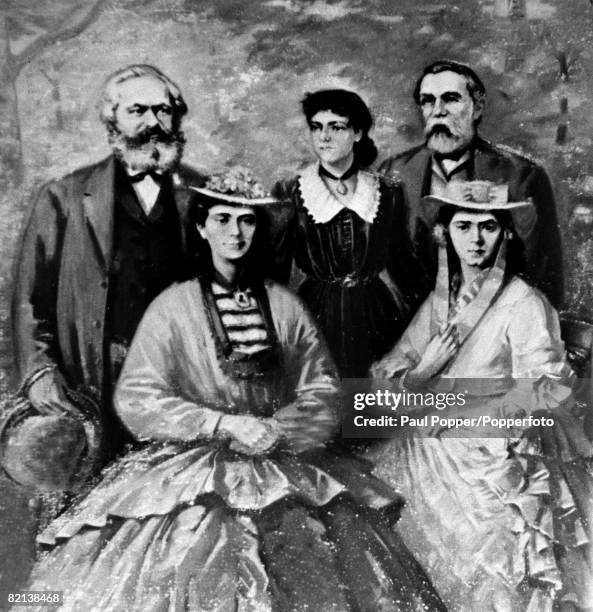 Philosophers, Marxism, pic: circa 1870's, German philosopher, economist and social theorist Karl Marx, left, with his daughters and Friedrich Engels,...