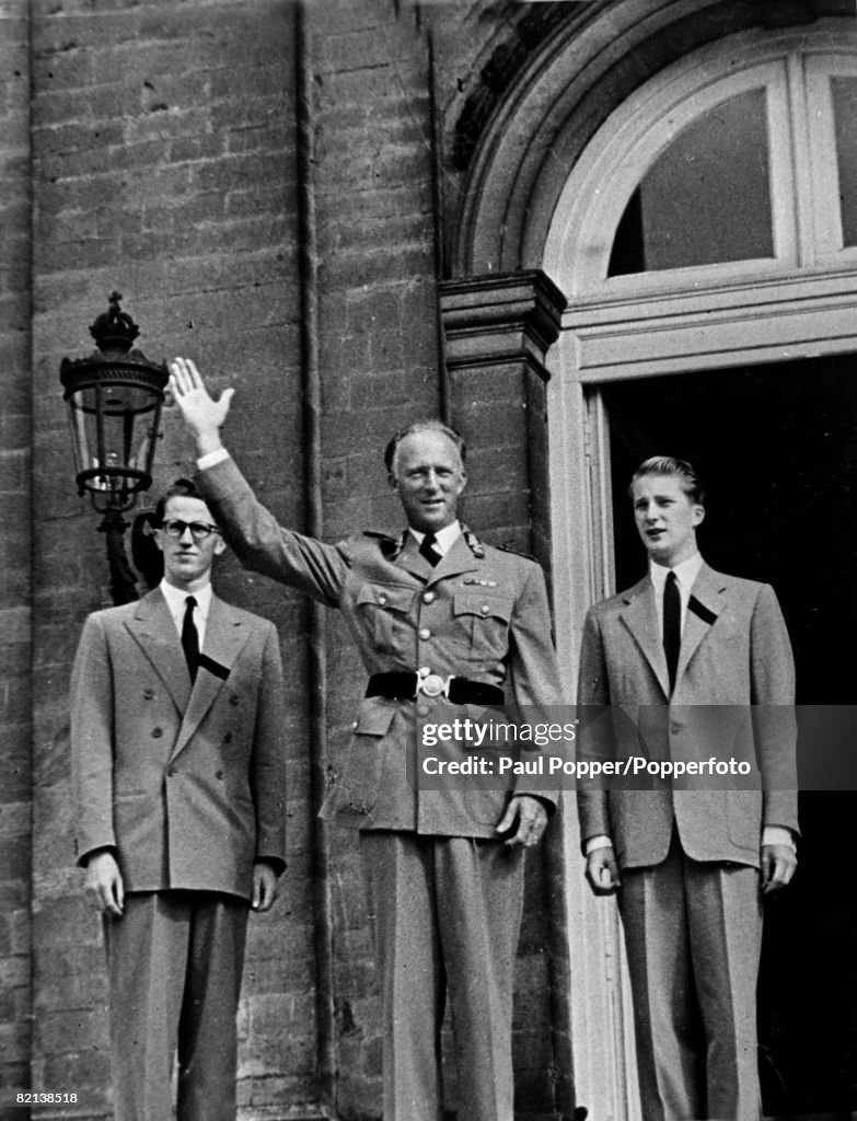Foreign Royalty, Belgium, pic: circa 1950, King Leopold, centre, with his sons Crown Prince Baudouin, left and Prince Albert shortly after they had returned home from Switzerland