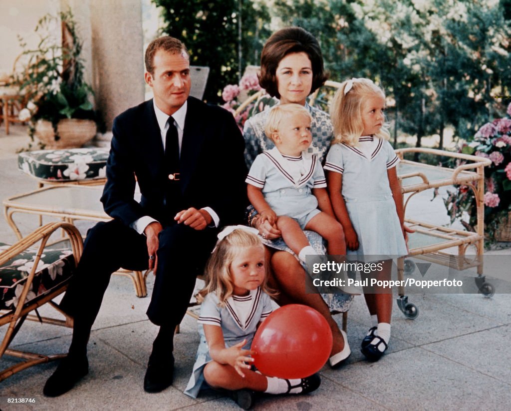 Madrid, Spain, 29th July 1969, Prince Juan Carlos de Bourbon of Spain is pictured with his wife, Princess Sofia of Greece, with their children L-R: Princess Cristina, Prince Felipe and Princess Elena in their home, the Zarzuela Palace