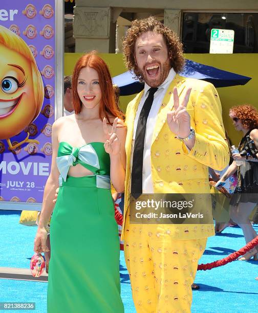 Actor T.J. Miller and wife Kate Gorney attend the premiere of "The Emoji Movie" at Regency Village Theatre on July 23, 2017 in Westwood, California.