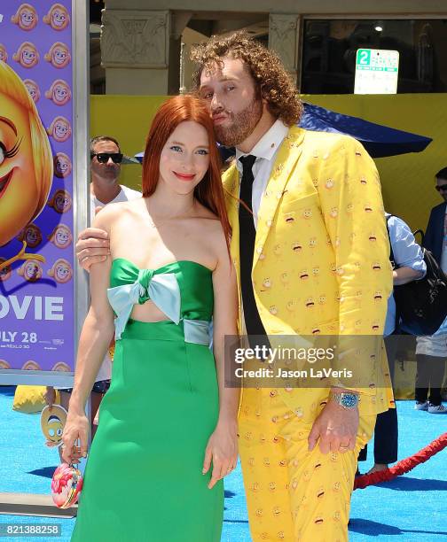 Actor T.J. Miller and wife Kate Gorney attend the premiere of "The Emoji Movie" at Regency Village Theatre on July 23, 2017 in Westwood, California.