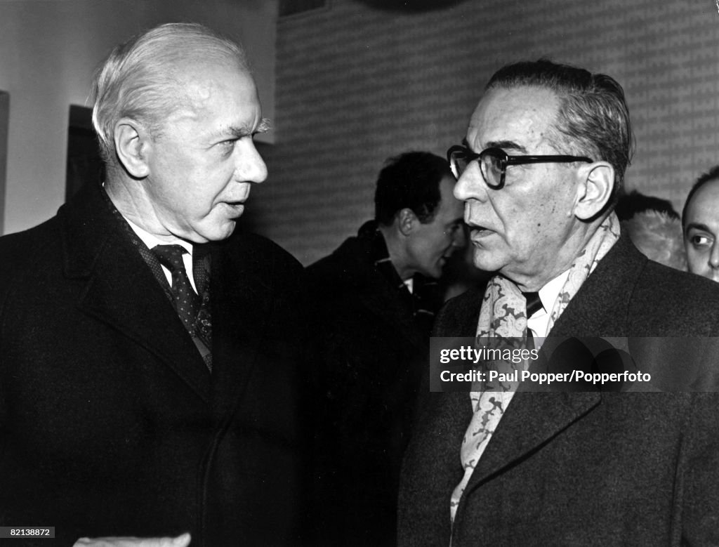 Stockholm, Sweden, December 1961, Nobel prize winner for Literature in this year, Ivo Andric is greeted by Dr Anders Osterling secretary of the Swedish Academy