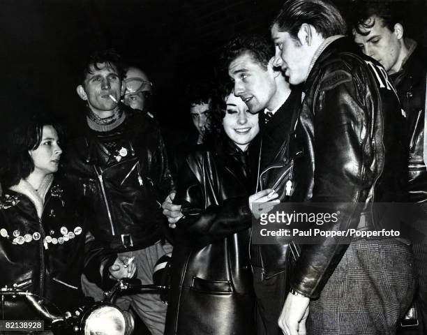 23rd May 1964, A group of "Rockers", teenage boys and girls get together, "Rockers" were motor cycle enthusiasts wearing leather and with no real...