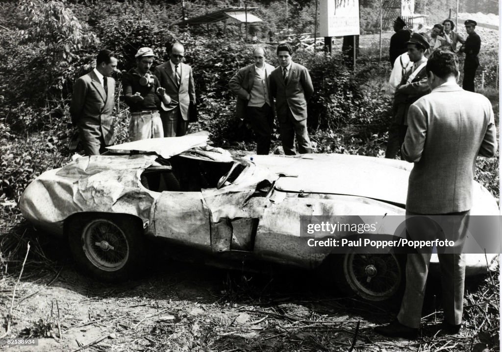 Motor Racing Personalities, pic: 26th May 1955, Italian motor racing ace Alberto Ascari died when this Ferrari car he was testing skidded and somersaulted throwing him from the car, Alberto Ascari, 1918-1955, won the world championship in 1952 and 1953 dr