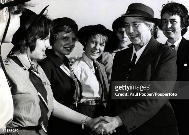 Personalities, Scouts/Guides, pic: 17th March 1960, Lady Olivia Baden-Powell, pictured as she is greeted by Girl Guides in Munich