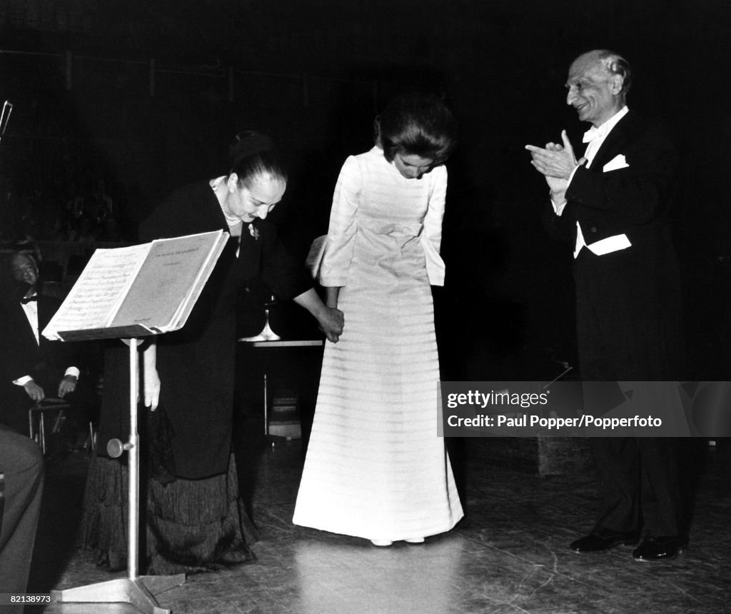 England, 17th June 1969, Princess Irene of Greece takes a bow with her distinguished piano tutor Gina Bachauer on stage at the Royal Festival Hall after Princess Irene made her British debut as a concert pianist