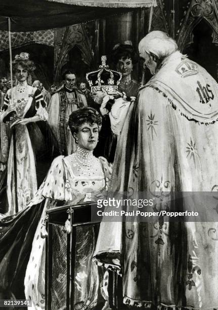 The Coronation of King George V, Queen Mary receiving the Crown of Glory, Honour and Joy from the hands of the Archbishop of Canterbury Randall...