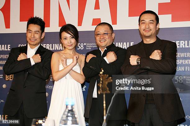 Cheng Taisheng, Liu Weiwei, director Wang Xiaoshuai and Zhang Jiayi attend the In Love We Trust photocall and press conference during day two of the...