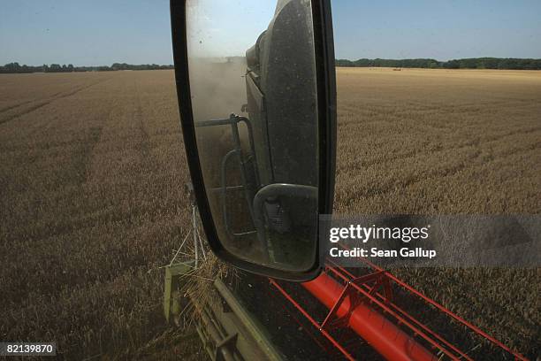 Combine harvester combine a field of wheat near Juehnsdorf on July 31, 2008 near Berlin, Germany. Though world food prices are rising, German farmers...