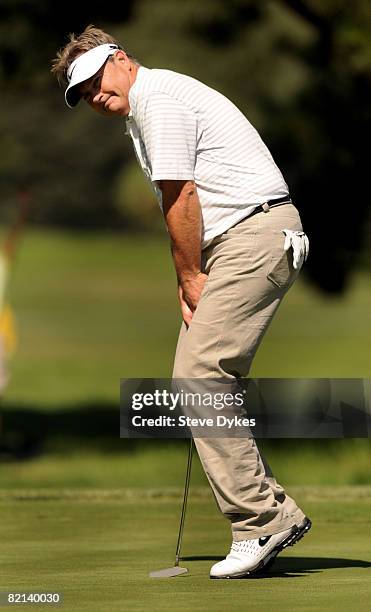John Cook reacts to missing a birdie putt on the 16th hole during round one of the US Senior Open Championship at the Broadmoor on July 31, 2008 in...
