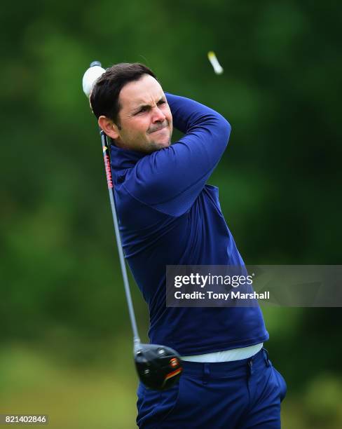 Paul Newman of East Berkshire Golf Club plays his first shot on the 1st tee during the Golfbreaks.com PGA Fourball Championship South Qualifier at...