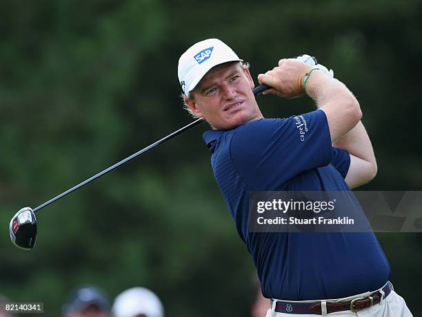 Ernie Els of South Africa plays his tee shot on the 13th hole during first round of the World Golf Championship Bridgestone Invitational on July 31,...