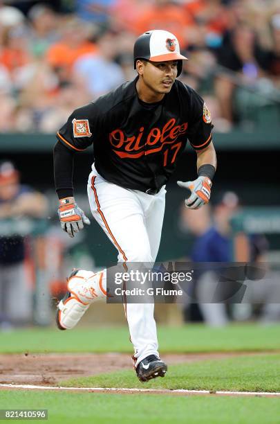 Ruben Tejada of the Baltimore Orioles runs to first base against the Houston Astros at Oriole Park at Camden Yards on July 21, 2017 in Baltimore,...