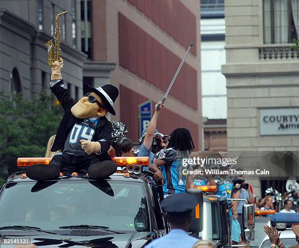 Team mascot Soulman leads the way during a championship parade at City Hall on July 27, 2008 in Philadelphia, Pennsylvania. Bon Jovi and fellow...