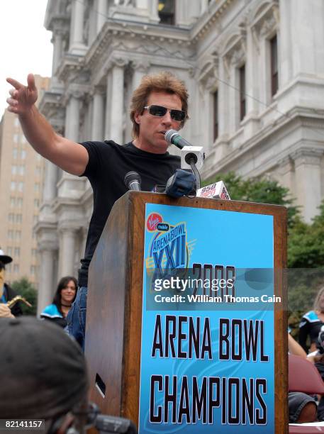 Musician Jon Bon Jovi speaks at a championship rally at City Hall on July 27, 2008 in Philadelphia, Pennsylvania. Bon Jovi and fellow investors...
