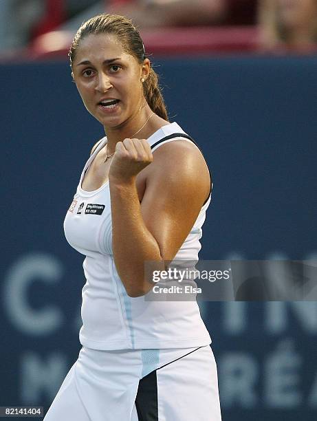 Tamira Paszek of Austria celebrates a point win against Ana Ivanovic of Serbia during Day 4 of Rogers Cup Tennis on July 31,2008 at Stade Uniprix in...