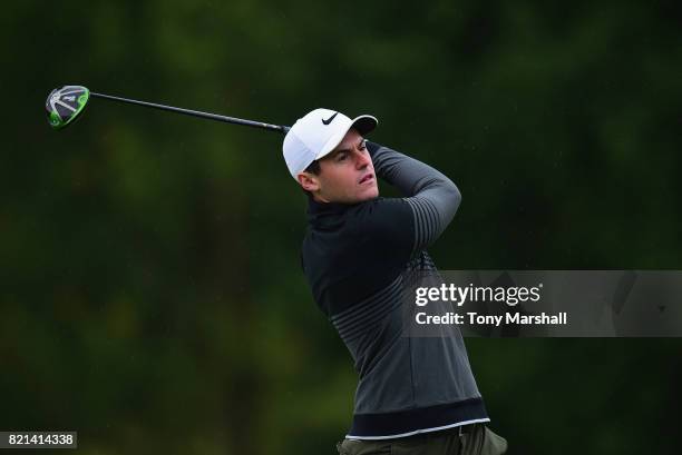 Kyle Potter of East Berkshire Golf Club plays his first shot on the 1st tee during the Golfbreaks.com PGA Fourball Championship South Qualifier at...