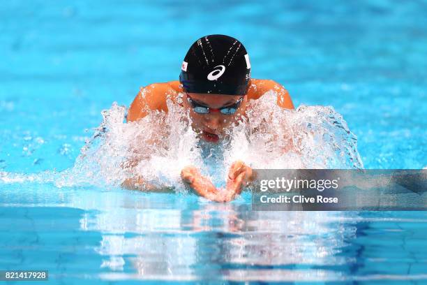 Satomi Suzuki of Japan competes during the Women's 100m Breaststroke Heats on day eleven of the Budapest 2017 FINA World Championships on July 24,...