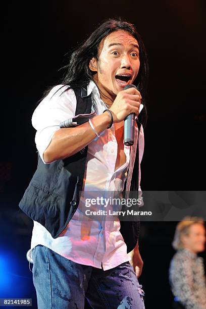 Singer Arnel Pineda of Journey performs at the Cruzan Amphitheatre on July 31, 2008 in West Palm Beach, Florida.