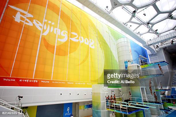 Divers practice in the National Aquatics Center ahead of the Beijing 2008 Olympic Games on August 1, 2008 in Beijing, China.
