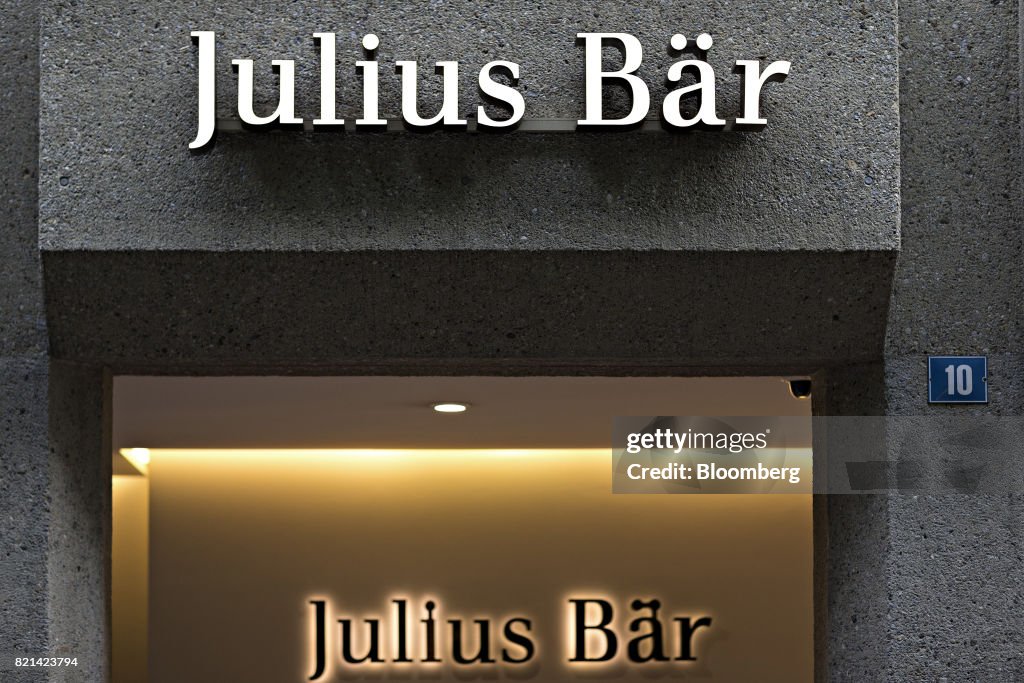 The logo of Julius Baer Group Ltd. sits above the entrance to their ...