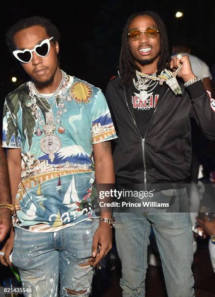 Rapper Quavo and Takeoff Of The Group Migos attend Meek Mill Album release Party for "Wins and Losses" at Compound on July 23, 2017 in Atlanta,...