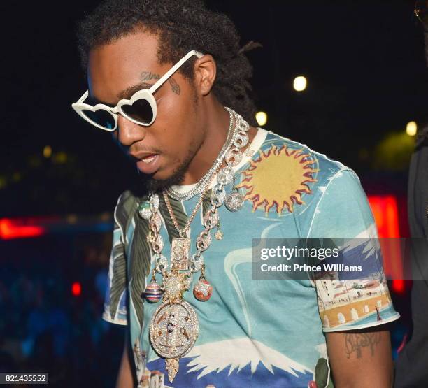 Takeoff, Necklace Detail of The Group Migos attends Meek Mill Album Release Party of "Wins and Losses" at Compound on July 23, 2017 in Atlanta,...