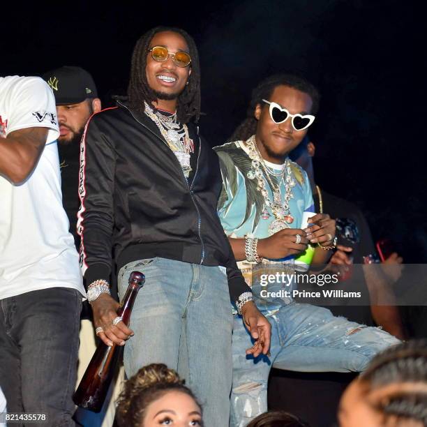 Rapper Quavo and Takeoff Of The Group Migos attend Meek Mill Album release Party for "Wins and Losses" at Compound on July 23, 2017 in Atlanta,...