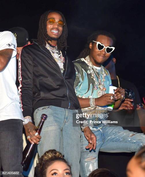 Rapper Quavo and Takeoff Of The Group Migos attend Meek Mill Album release Party for "Wins and Losses" at Compound on July 23, 2017 in Atlanta,...