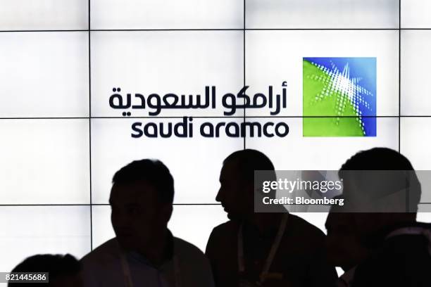 Saudi Arabian Oil Co. Logo sits on an electronic display at the company's corporate pavilion during the 22nd World Petroleum Congress in Istanbul,...