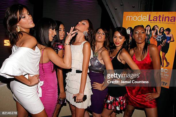 Model contestants from the reality TV series "Model Latina" pose for photos at the premiere party for "Model Latina" at Spotlight Live on July 31,...