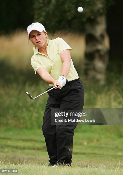 Alexandra Keighley chips onto the 13th green during the fourth day of the Glenmuir PGA Professional Championships at Moortown Golf Club on August 1,...