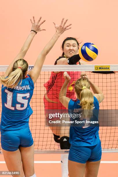 Opposite spiker Jingwen Qian of China spikes the ball during the FIVB Volleyball World Grand Prix match between China vs Serbia on July 23, 2017 in...