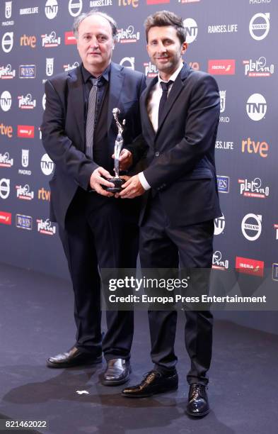 Farruco Castroman and Carlos Suarez are seen at Platino Awards winners press room at La Caja Magica on July 22, 2017 in Madrid, Spain.