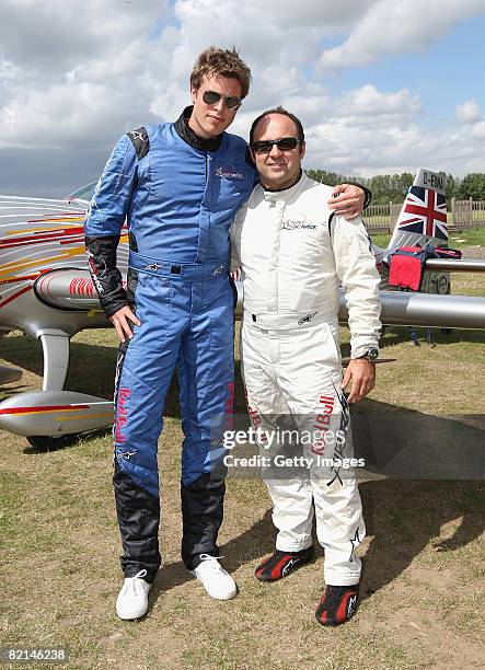 Presenter Rick Edwards with pilot Sergio Bal ahead of his flight at the Redbull Air Race Media Day held at the Damyns Hall Aerodrome on August 1,...