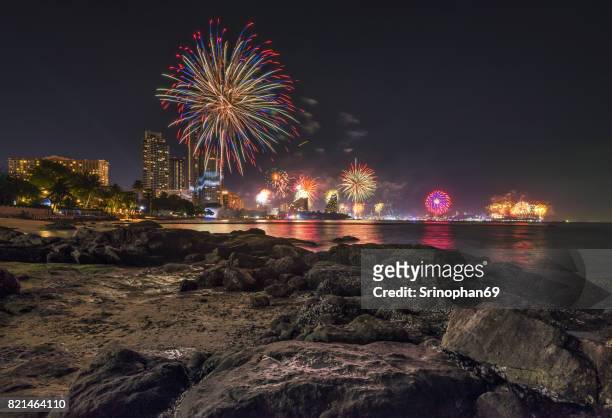 fireworks at pattaya beach, thailand - pattaya stock-fotos und bilder