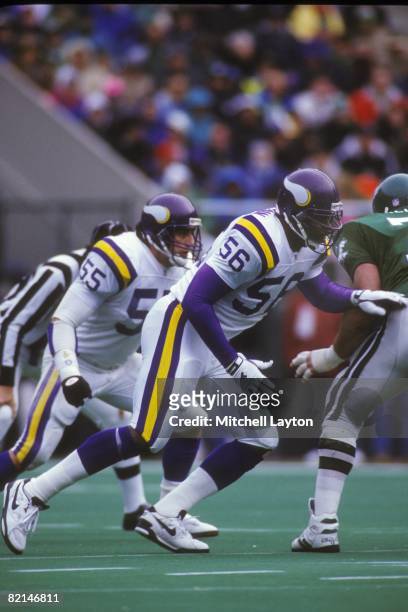Chris Doleman of the Minnesota Vikings during a NFL football game against the Philadelphia Eagles on December 6, 1992 at Veterans Stadium in...