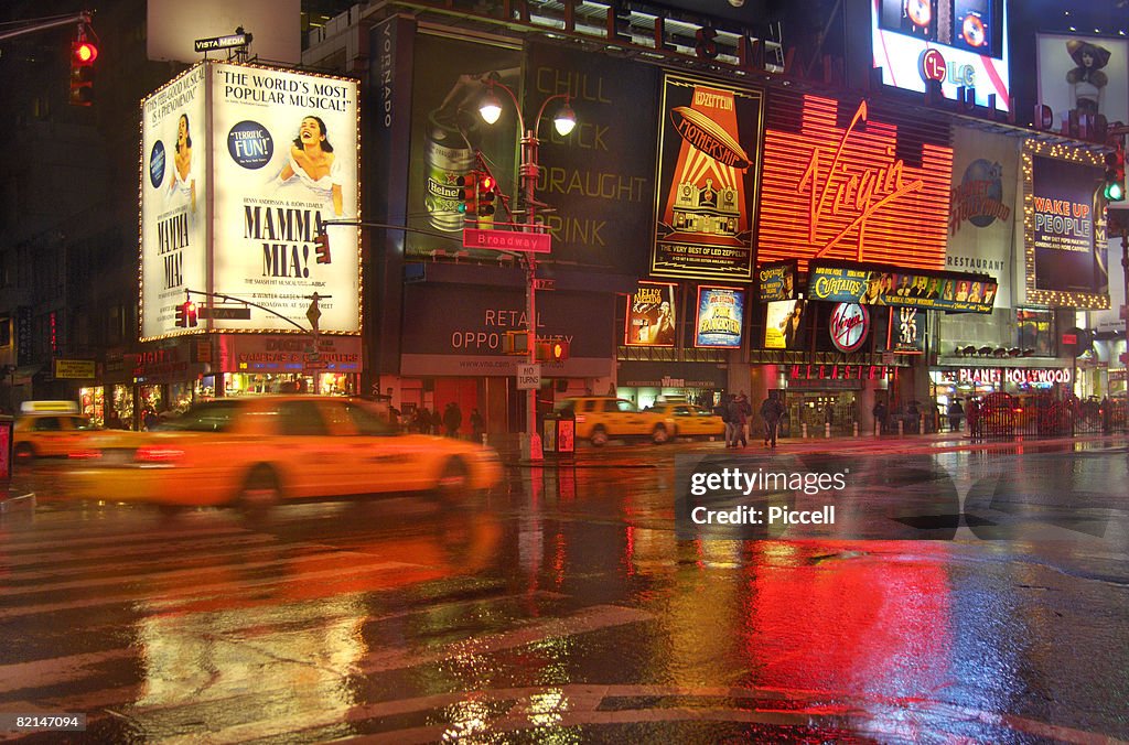 View of Times Square on rainy winter evening