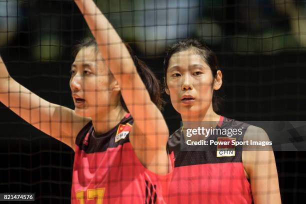 Wing spiker Ting Zhu of China reacts during the FIVB Volleyball World Grand Prix match between China vs Serbia on July 23, 2017 in Hong Kong, Hong...