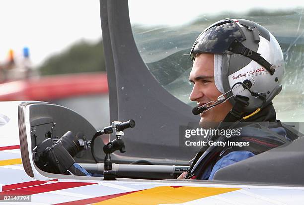 Leicester Tigers and England International Rugby player Toby Flood smiles after his flight during the Redbull Air Race Media Day held at the Damyns...